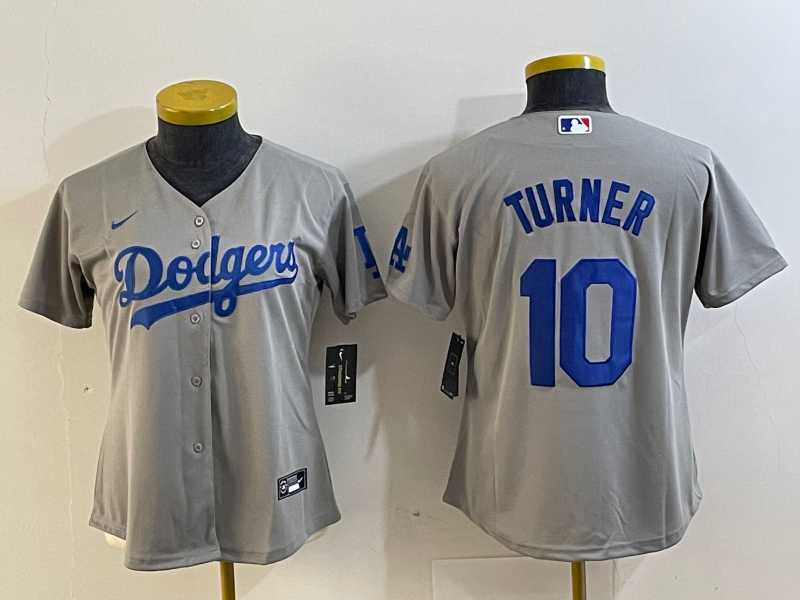 Womens Los Angeles Dodgers #10 Justin Turner Grey Cool Base Stitched Nike Jersey->mlb womens jerseys->MLB Jersey